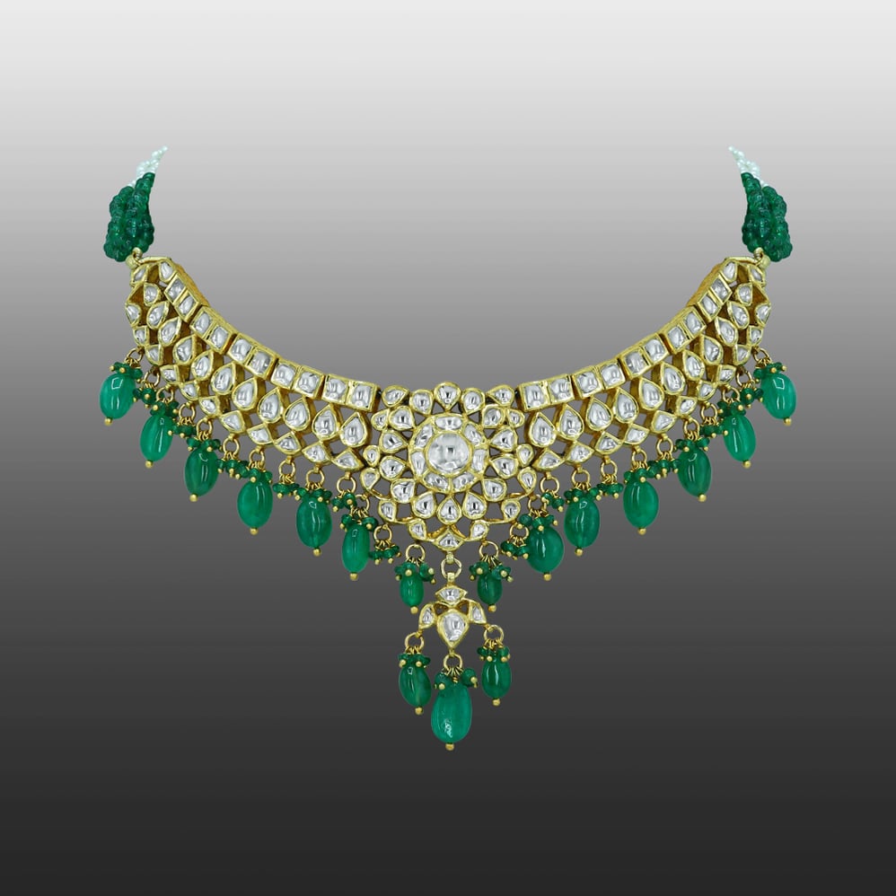Polki Diamond Necklace with Captivating Design and Emerald Drops